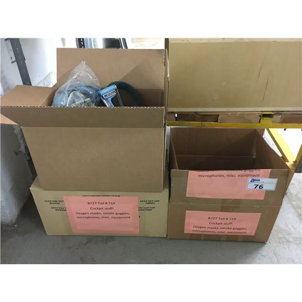 3 BOXES OF 727 COCKPIT ITEMS-OXYGEN MASKS, SMOKE GOGGLES, ETC