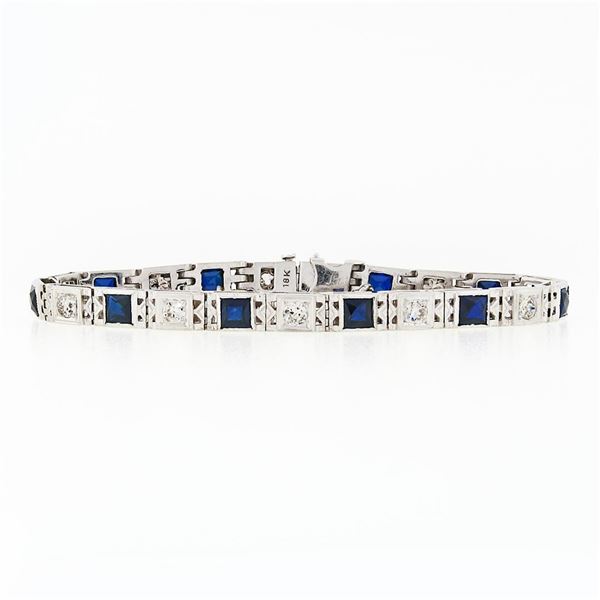 Antique Art Deco 18k Gold 1.10 ctw European Diamond & Syn. Sapphire Line Bracele