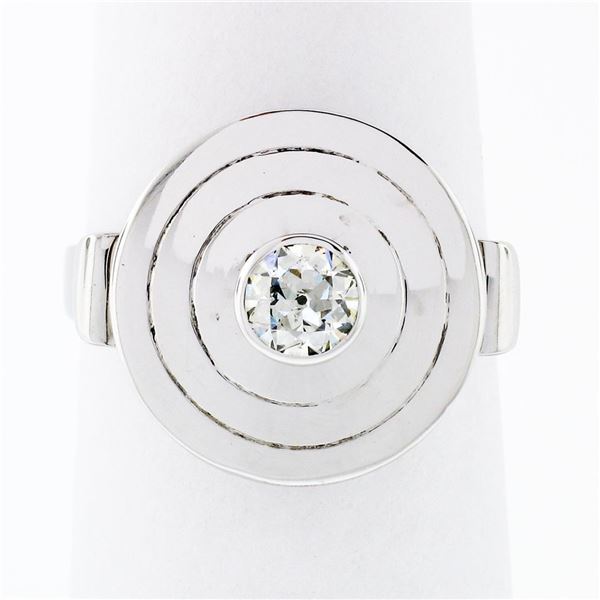 Antique 18K White Gold 0.45 ctw Bezel European Diamond Bullseye Round Platter Ri