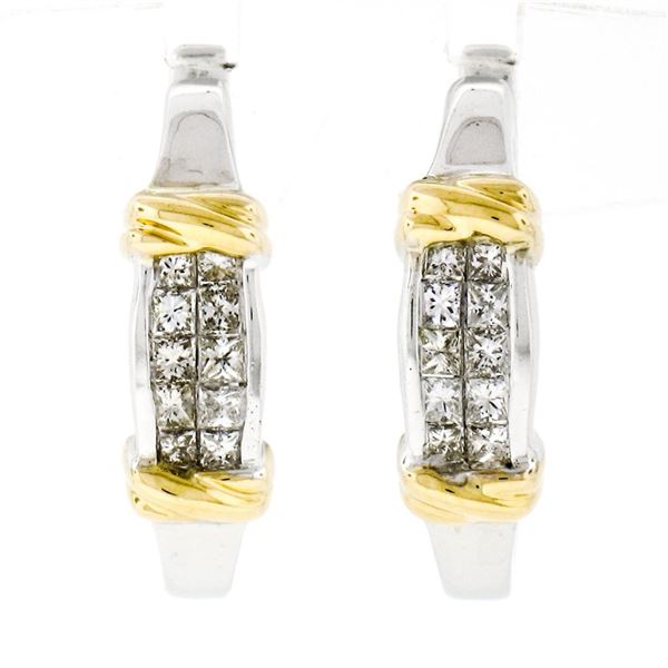 14K White Gold 0.75 ctw Princess Cut Invisible Set Diamond Huggie Hoop Earrings