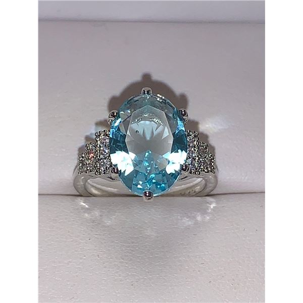 Ladies Aquamarine Style Oval Cut Solitaire .925 Silver Dress Ring