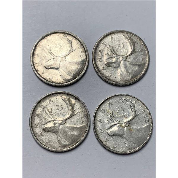 Canada Quarters Vintage Silver 1953-1956 sequential Lot of 4