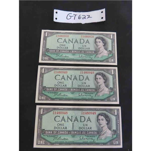 3 1954 Canada 1 Paper Bills With Consecutive Serial Numbers 3-1954-canada-1-paper-bills-with-consecutive-serial-numbers