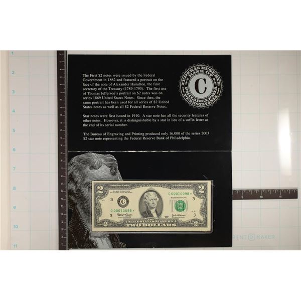 2003 PHILADELPHIA FEATURES A 2003 US $2 FRN STAR