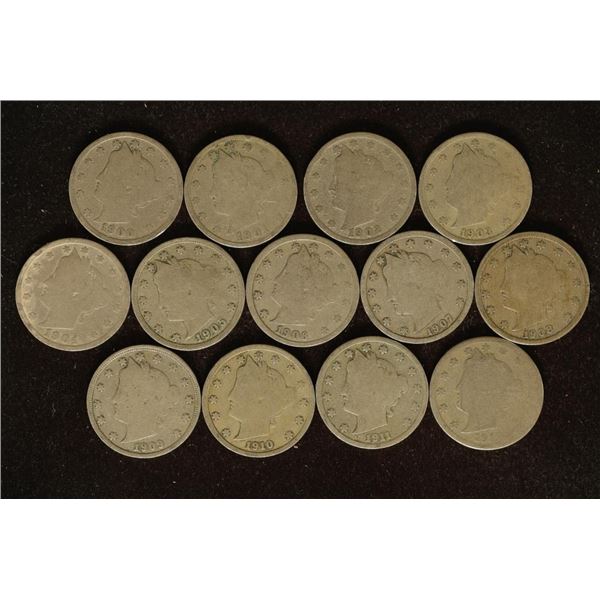 13 LIBERTY "V" NICKELS: 1900-1912 ONE OF EACH