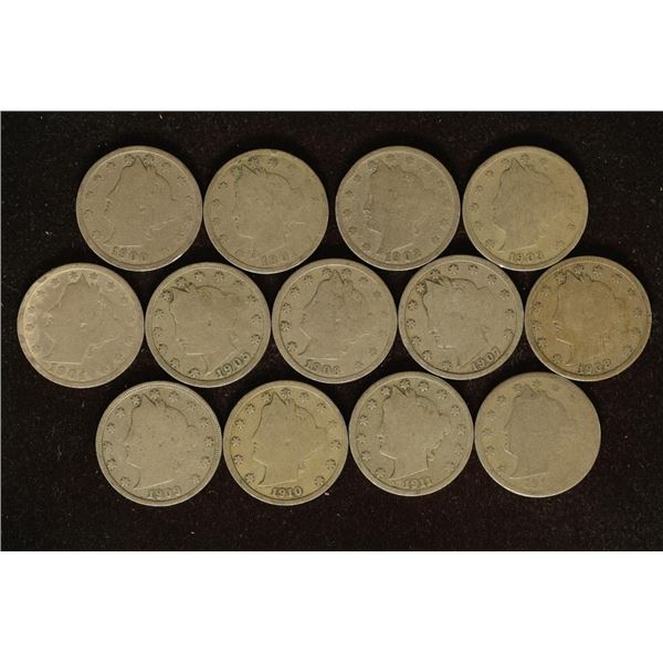 13 LIBERTY "V" NICKELS: 1900-1912 ONE OF EACH