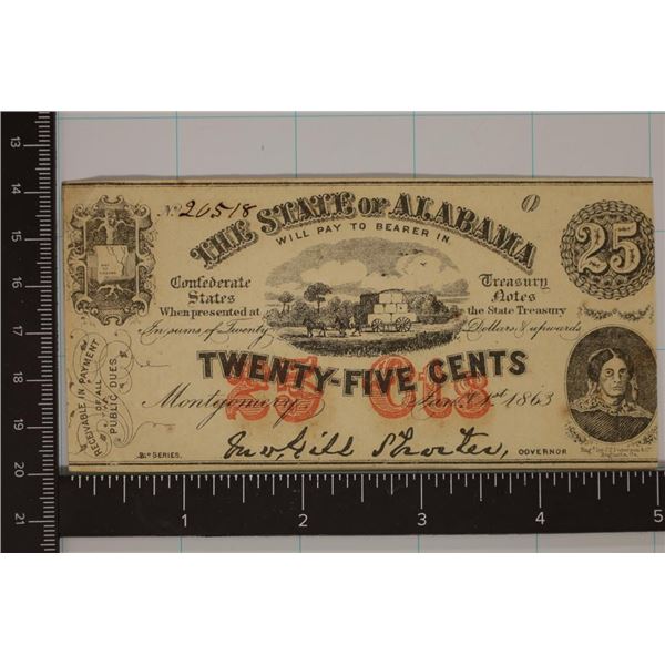 1863 STATE OF ALABAMA 25 CENT FRACTIONAL