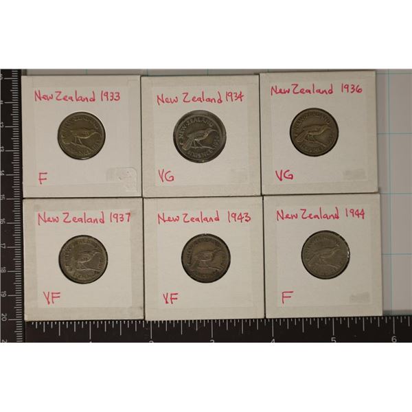 1933, 34, 36, 37, 43, 1944 NEW ZEALAND SILVER 6