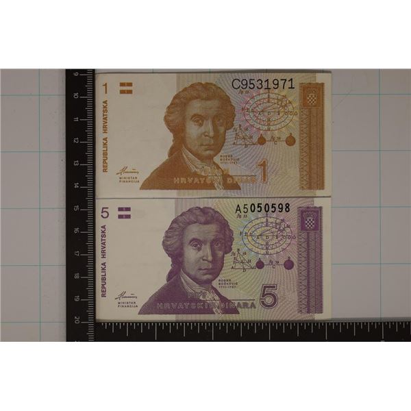 2-1991 CROATIA 1 & 5 DINARA CRISP UNC BILLS WATCH