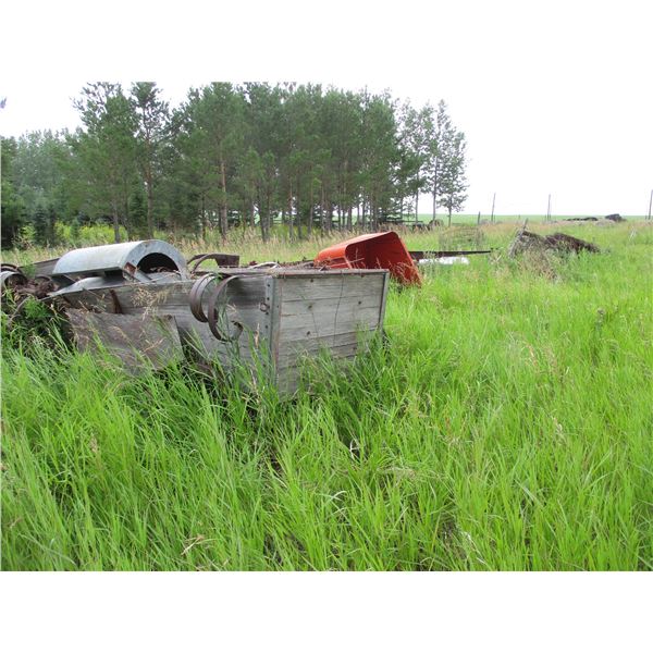 Lot of Barbed Wire, Misc. Scrap Iron, Insulator Brackets, Trailer, Vintage Pump Jack