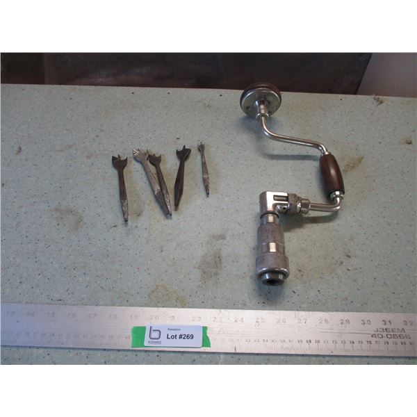 Vintage Wooden Brace with Set of Wood Bits