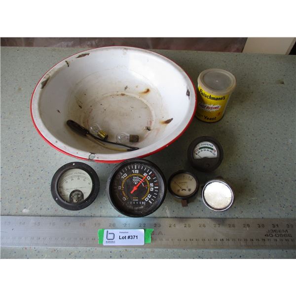 Enamel Bowl with Misc. Gauges