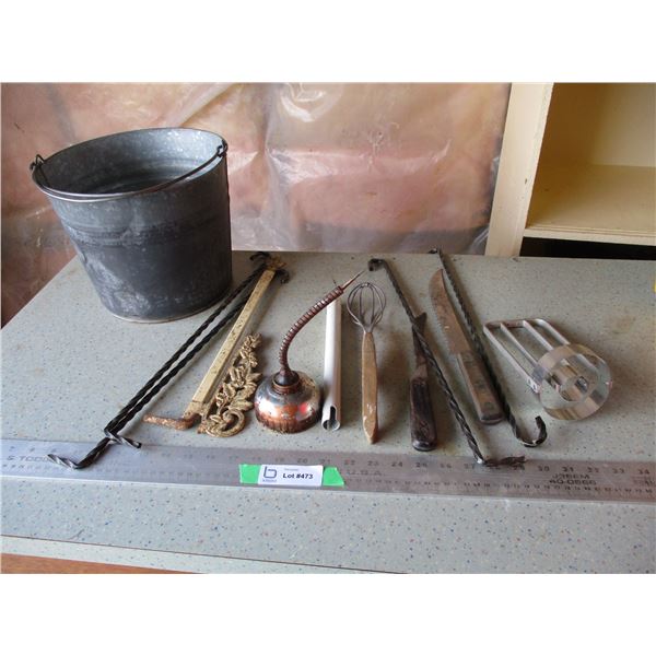 Dough Cutter, Butcher Knives, Misc. in Galvanized Pail