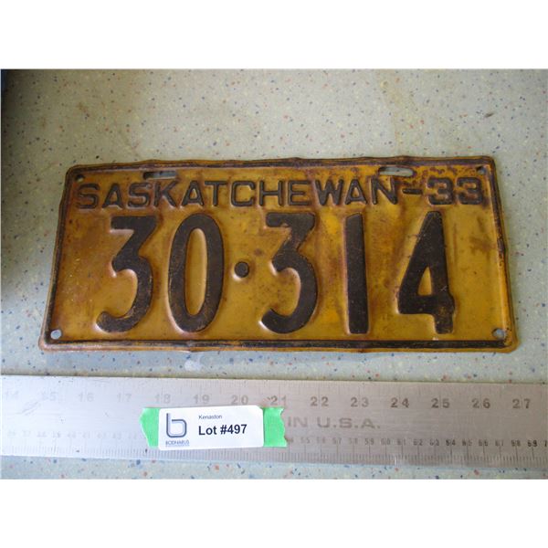 1933 Saskatchewan License Plate