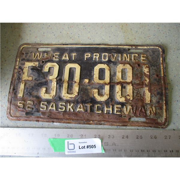 1952 Saskatchewan License Plate