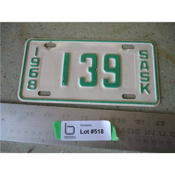 1968 Saskatchewan Motorcycle License Plate - Low Number
