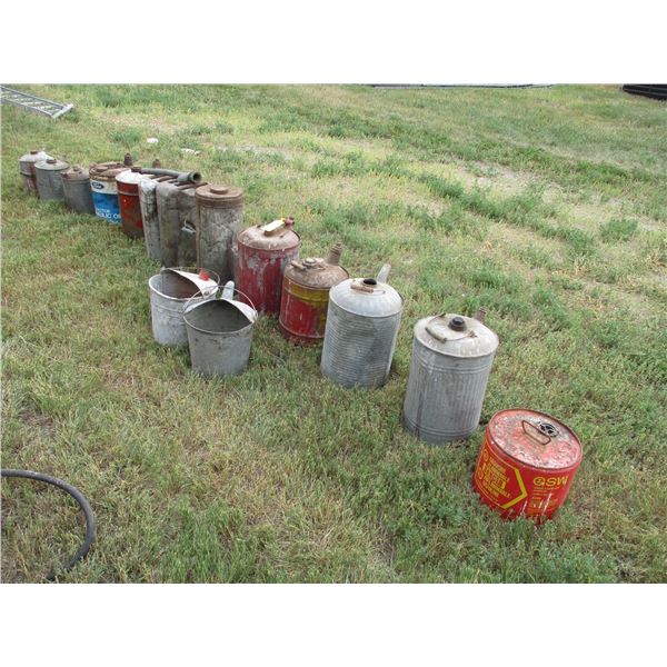 (2) Military Gas Cans, (13) Misc. Metal Gas Cans