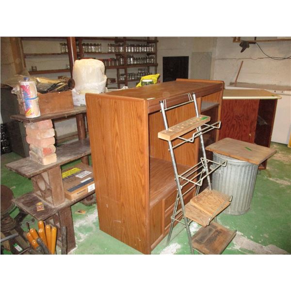 Entertainment Center, 2 Door Cabinet, Garbage Can, 3 Tier Shelf, Misc. Contents