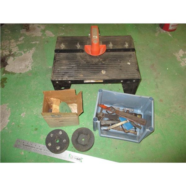 Router Table, Calipers, Plastic Organizer, Grinding Stones