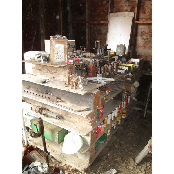 Shelf (8' Long) with Contents (floor jack, bottle & car jacks, 3 pt hitch links, fine threaded...