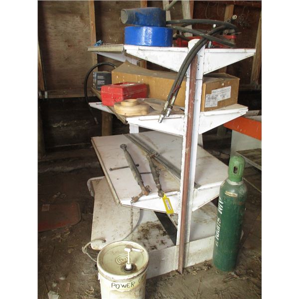 Hydraulic Ram, Water Hoses, Acetylene Tank, White 4 Tier Shelf with Contents