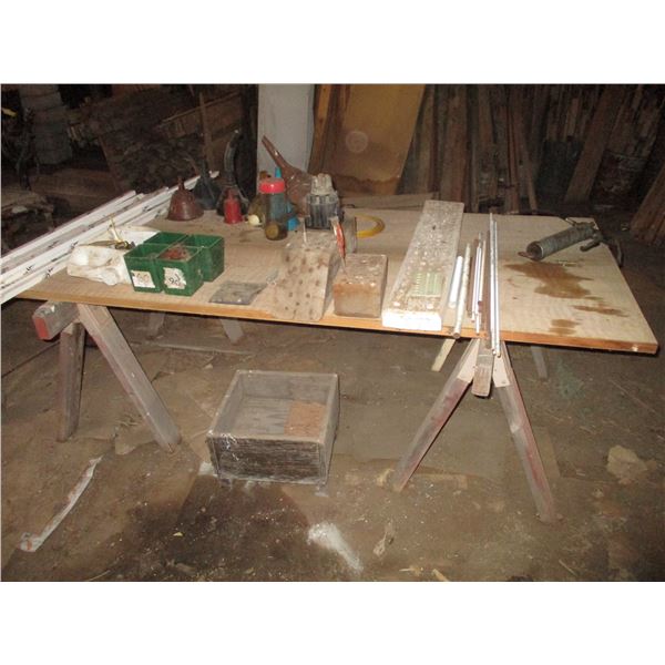 Grease Gun, Tool Holders, Threaded Rod, Saw Horses, Plastic Funnels, Misc.