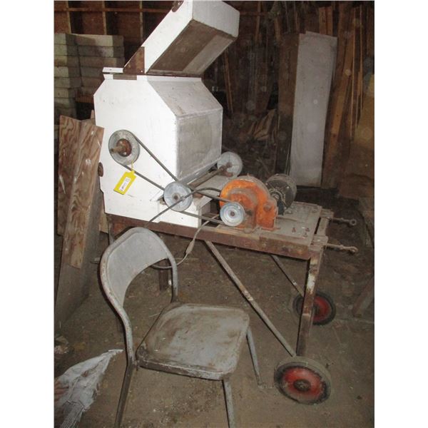 Homemade Motorized Pea Sheller with Chute, on Wheels; Steel chair