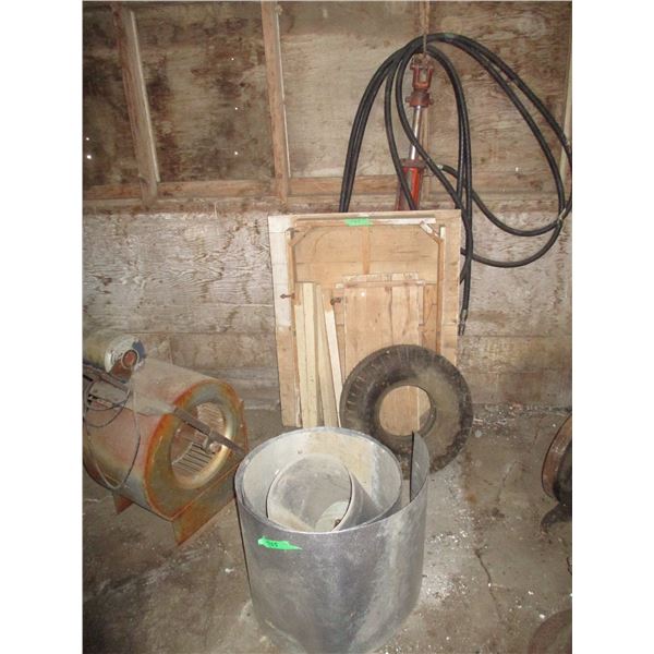 Table Saw, Fan, Hydraulic Ram, Sheet Metal, 5 and 6" Belts, Misc.