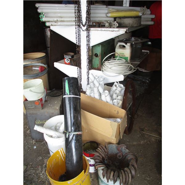 4 Tier Double Sided White Stand with Contents (Turnbuckles, Whiskey Jug, Pulleys, Bolts, Brackets)