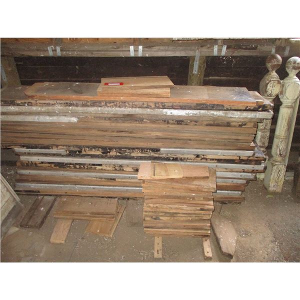 Mixed Lot of Hardwood Steps, Newell Post, Hardwood Table with Legs, Folding Chairs