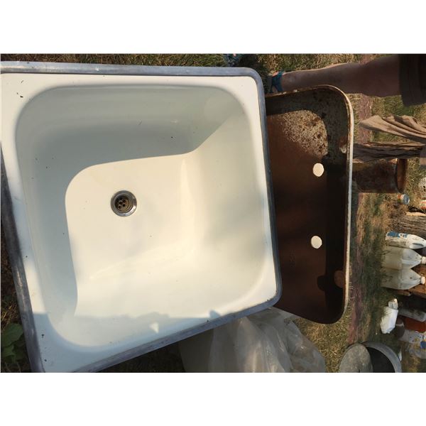 Vintage Enameled Cast Iron Sink with Matching Cast Iron Drain Board