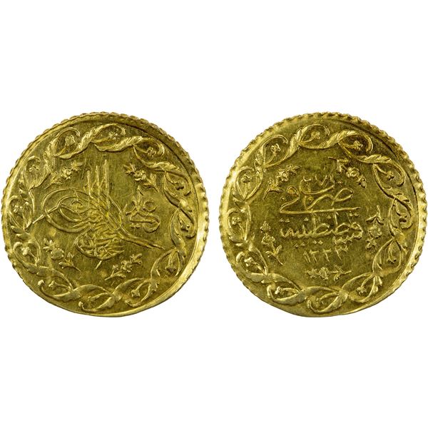 TURKEY: Mahmud II, 1808-1839, AV mahmudiye (1.60g), Kostantiniye, AH1223 year 27, Brilliant Unc