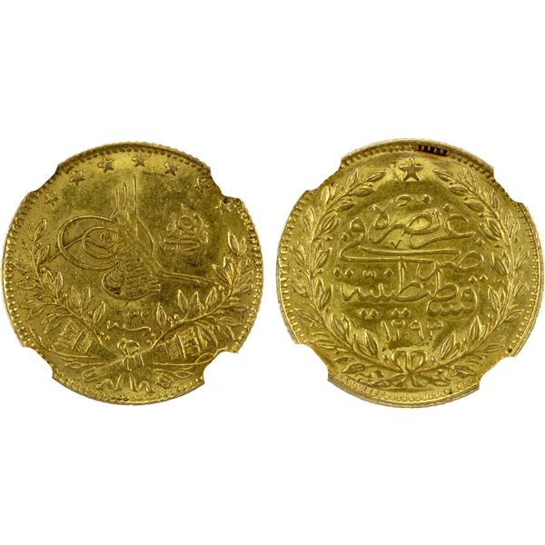 TURKEY: Abdul Hamid II, 1876-1909, AV 50 kurush, Kostantiniye, AH1293 year 32, NGC AU55