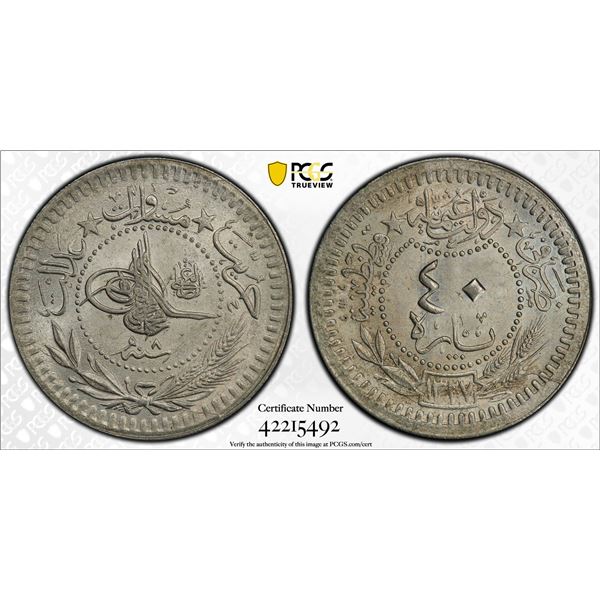 TURKEY: Mehmet V, 1909-1918, 40 para, Kostantiniye, AH1327 year 8, PCGS MS65