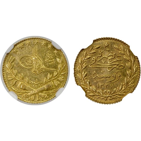 TURKEY: Mehmet V, 1909-1918, AV 25 kurush, Bursa, AH1327 year 1, NGC MS62