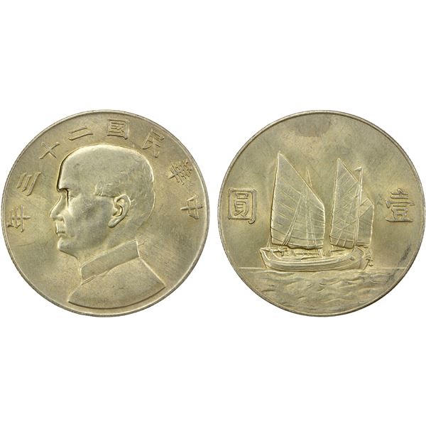 CHINA: Republic, AR dollar, year 23 (1934), AU