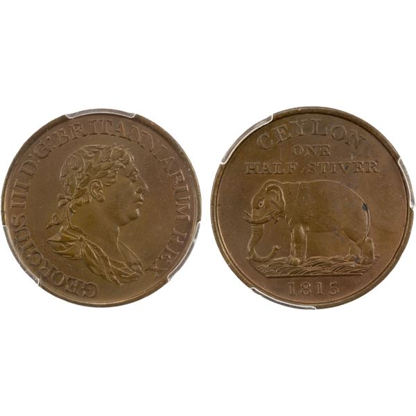 CEYLON: British: George III, 1760-1820, AE 1/2 stiver, 1815, PCGS UNC Details