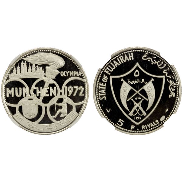 FUJEIRA: Muhammad bin Hamad al-Sharqi, 1952-1974, AR 5 riyals, 1970/AH1389, NGC PF68 Ultra Cameo