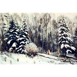 J.K. HANSEGGER 752 O/C WINTER SCENE WITH TENT DATE