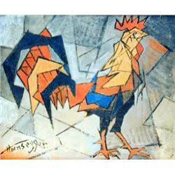 J.K. HANSEGGER 477 O/B ROOSTER IN TRIANGLE 16"X13.