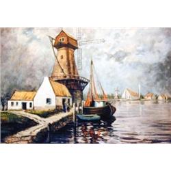 J. K. HANSEGGER 744 OIL ON CANVAS DUTCH WINDMILL S