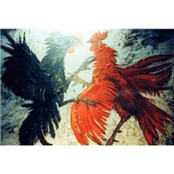 J.K. HANSEGGER 484 O/C COCK FIGHT 50"X38" (FRAMED)
