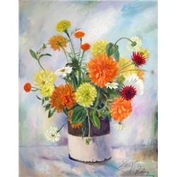 J.K. HANSEGGER 498 FLOWERS IN STONEWARE CROCK O/C