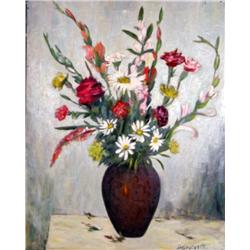 J.K. HANSEGGER 408 FLOWERS ON BLUE BACKGROUND O/C