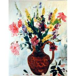 J.K. HANSEGGER 412 O/C FLOWERS IN BROWN PITCHER