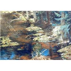 J. K. HANSEGGER 880 OIL ON CANVAS DARK FOREST SCEN