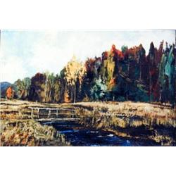 J K HANSEGGER 669 OIL ON CANVAS "FOOTBRIDGE, STREA