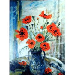 J.K. HANSEGGER 392 FLOWERS IN DBL HANDLED VASE O/C