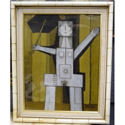 J K HANSEGGER 569 OIL ON BOARD SQUARE WOMAN WITH U