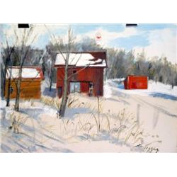 J K HANSEGGER 895 OIL ON BOARD "OUTBUILDINGS IN SN